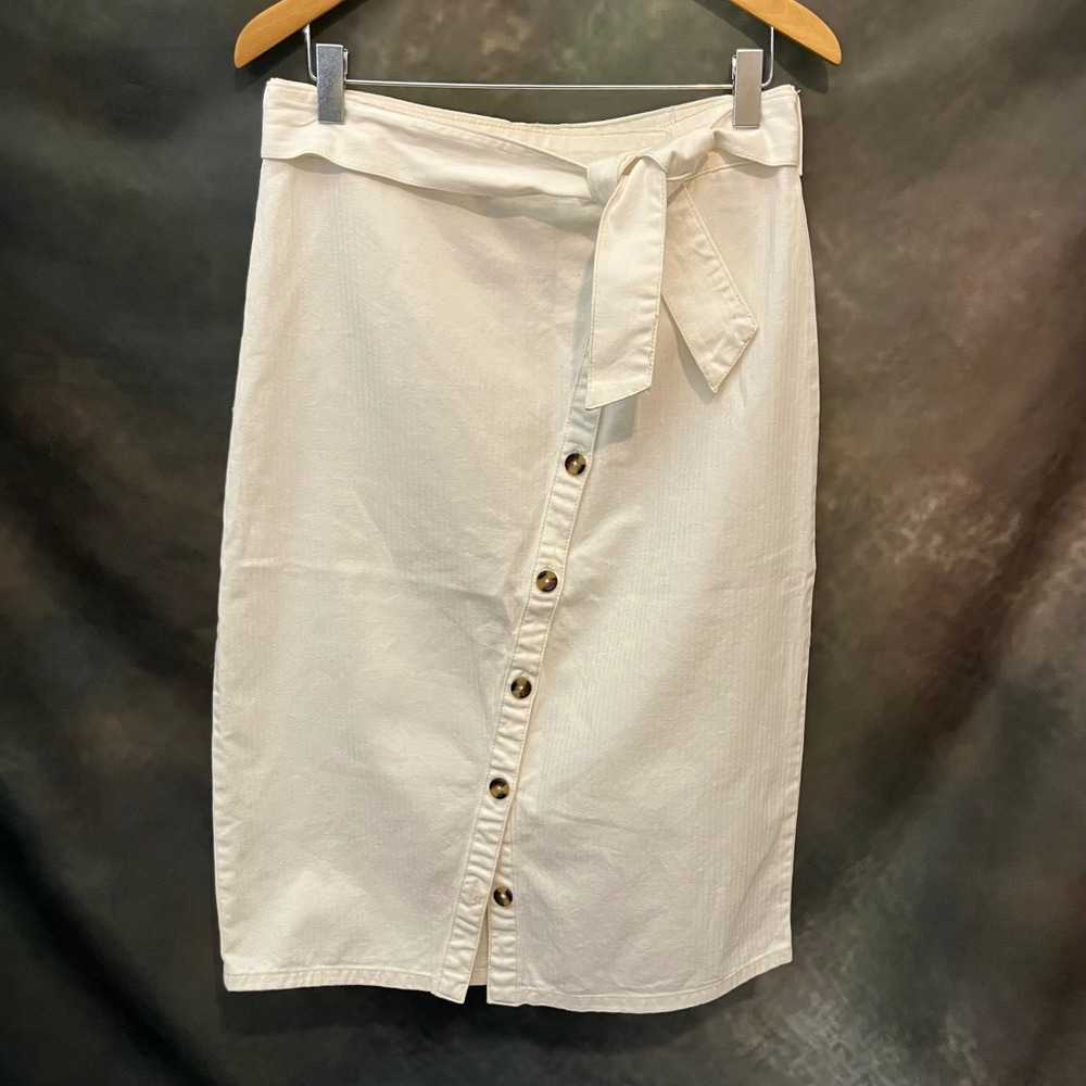 Blu Pepper Day to Day Cream Herringbone Belted Button Front Skirt Size Large